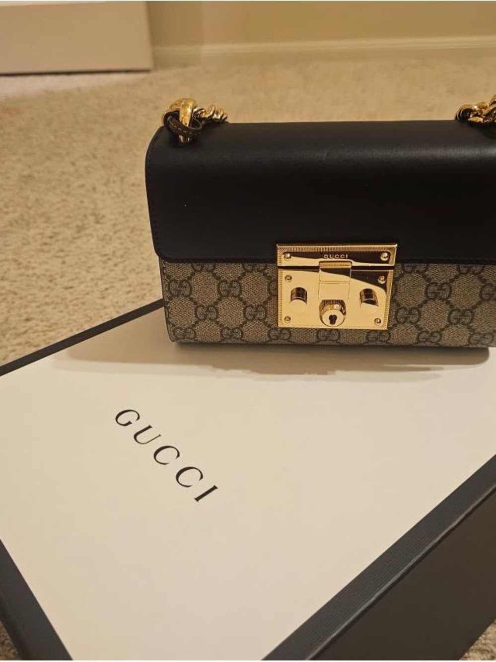 Gucci Black and Beige GG Supreme Crossbody with Gold Hardware